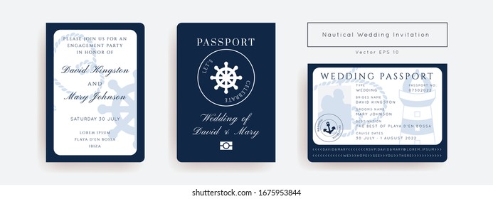 Nautical Wedding Invitation Vector Set.Boat Boarding Pass ticket template.Sailor theme in Classic vintage style.Elegant sea invite card overlay in white and navy blue colors. Modern luxury design.