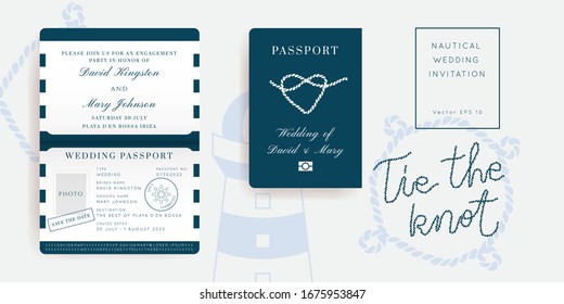 Nautical Wedding Invitation Vector Set.Boat Boarding Pass ticket template.Sailor theme in Classic vintage style.Elegant sea invite card overlay in white and navy blue colors. Modern luxury design.