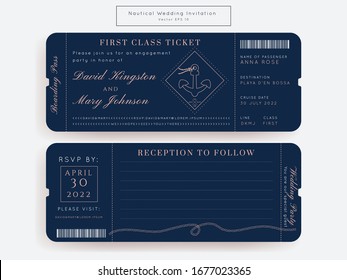 Nautical Wedding Invitation Vektorillustration Set.Boat Boat Boarding Pass Ticket Template.Sailor Thema im klassischen Vintage Stil.Elegantes Meer Einladung Karte Overlay in Weiß und Marineblau. Modernes Luxus-Design.