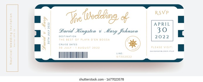 Nautical Wedding Invitation Vector Set.Boat Boarding Pass ticket template.Sailor theme in Classic vintage style.Elegant sea invite card overlay in white and navy blue colors. Modern luxury design.