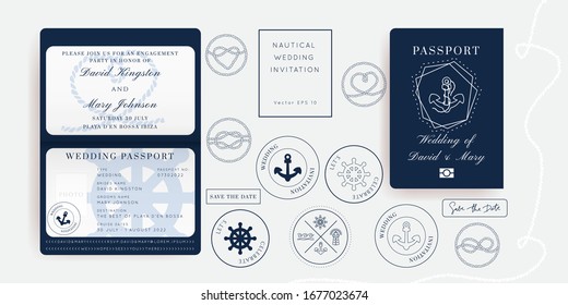 Nautical Wedding Invitation Vector Set.Boat Boarding Pass ticket template.Sailor theme in Classic vintage style.Elegant sea invite card overlay in white and navy blue colors. Modern luxury design.