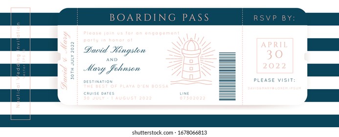 Nautical Wedding Invitation Vektorillustration Set.Boat Boat Boarding Pass Ticket Template.Sailor Thema im klassischen Vintage Stil.Elegantes Meer Einladung Karte Overlay in Weiß und Marineblau. Modernes Luxus-Design.