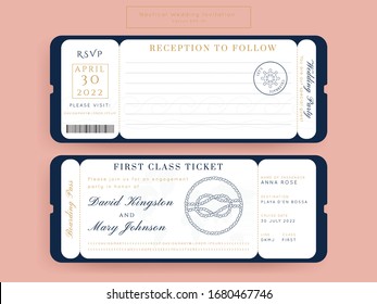 Nautical Wedding Invitation Vektorillustration Set.Boat Boat Boarding Pass Ticket Template.Sailor Thema im klassischen Vintage Stil.Elegantes Meer Einladung Karte Overlay in Weiß und Marineblau. Modernes Luxus-Design.