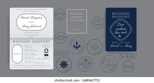 Nautical Wedding Invitation Vector Set.Boat Boarding Pass ticket template.Sailor theme in Classic vintage style.Elegant sea invite card overlay in white and navy blue colors. Modern luxury design.