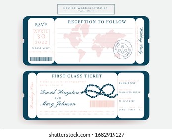 Nautical Wedding Invitation Vektorillustration Set.Boat Boat Boarding Pass Ticket Template.Sailor Thema im klassischen Vintage Stil.Elegantes Meer Einladung Karte Overlay in Weiß und Marineblau. Modernes Luxus-Design.