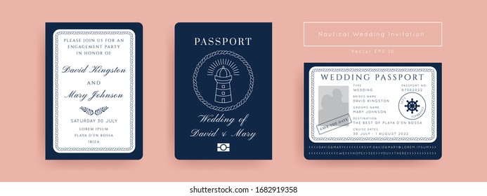 Nautical Wedding Invitation Vector Set.Boat Boarding Pass ticket template.Sailor theme in Classic vintage style.Elegant sea invite card overlay in white and navy blue colors. Modern luxury design.