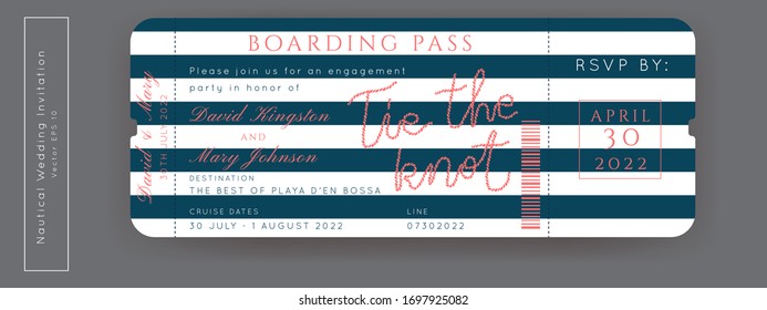 Nautical Wedding Invitation Vector Set.Boat Boarding Pass ticket template.Sailor theme in Classic vintage style.Elegant sea invite card overlay in white and navy blue colors. Modern luxury design.