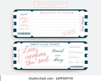 Nautical Wedding Invitation Vector Set.Boat Boarding Pass ticket template.Sailor theme in Classic vintage style.Elegant sea invite card overlay in white and navy blue colors. Modern luxury design.