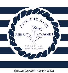 Nautical Wedding Invitation vector template.Boat sailor theme.Classic marine stripes vintage style.Elegant sea invite card overlay in white and navy blue colors.
