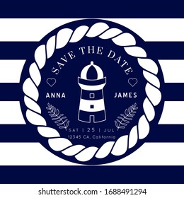Nautical Wedding Invitation vector template.Boat sailor theme.Classic marine stripes vintage style.Elegant sea invite card overlay in white and navy blue colors.