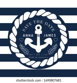 Nautical Wedding Invitation vector template.Boat sailor theme.Classic marine stripes vintage style.Elegant sea invite card overlay in white and navy blue colors.