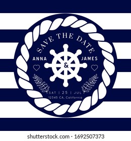 Nautical Wedding Invitation Vector Template.Boat Sailor Theme.Classic Marine Stripes Vintage Style.Elegant Sea Invite Card Overlay In White And Navy Blue Colors.