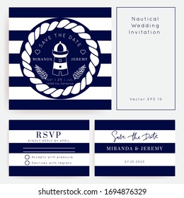 Nautical Wedding Invitation vector template.Boat sailor theme.Classic marine stripes vintage style.Elegant sea invite card overlay in white and navy blue colors.