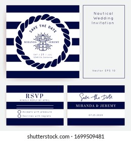 Nautical Wedding Invitation vector template.Boat sailor theme.Classic marine stripes vintage style.Elegant sea invite card overlay in white and navy blue colors.