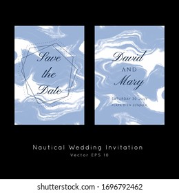 Nautical Wedding marble invitation.Boat sailor theme. Classic vintage and elegant sea invite card overlay 
in white and navy blue colors.