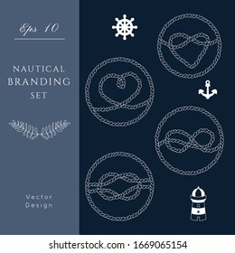 Nautical Wedding Rope Heart vector templates set.Tie the knot theme.Invitation in Classic vintage style.Elegant sea invite card overlay in white and navy blue colors.
