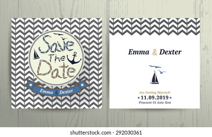 Nautical wedding save the date rope letter card on chevron pattern background