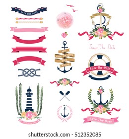 Nautical wedding theme with floral and anchor ornaments on white background