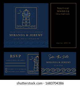 Nautical Wedding vector template.Boat sailor theme.Invitation in Classic vintage style.Elegant sea invite card overlay in gold and navy blue colors.