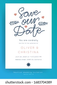 Nautical Wedding vector template.Boat sailor theme.Invitation in Classic vintage style.Elegant sea invite card overlay 
in white and navy blue colors.