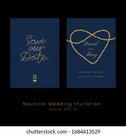 Nautical Wedding vector template.Boat sailor theme.Invitation in Classic vintage style.Elegant sea invite card overlay in gold and navy blue colors.
