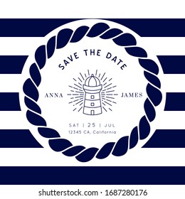 Nautical Wedding vector template.Boat sailor theme.Invitation in Classic vintage style.Elegant sea invite card overlay 
in white and navy blue colors.