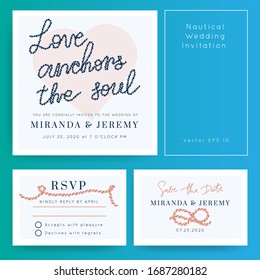 Nautical Wedding vector template.Boat sailor theme.Invitation in Classic vintage style.Elegant sea invite card overlay 
in white and navy blue colors.