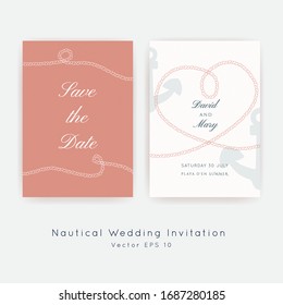 Nautical Wedding vector template.Boat sailor theme.Invitation in Classic vintage style.Elegant sea invite card overlay 
in white, coral and navy blue colors.