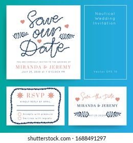 Nautical Wedding vector template.Boat sailor theme.Invitation in Classic vintage style.Elegant sea invite card overlay 
in white and navy blue colors.