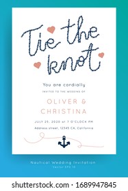 Nautical Wedding vector template.Boat sailor theme.Invitation in Classic vintage style.Elegant sea invite card overlay in white and navy blue colors.
