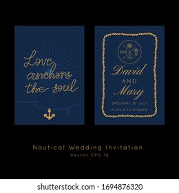 Nautical Wedding vector template.Boat sailor theme.Invitation in Classic vintage style.Elegant sea invite card overlay in gold and navy blue colors.