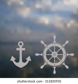 nautical wheel and anchor in soft background. Vector illustration