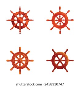 Nautical wheel icons set cartoon vector. Various boat steer ship steering wheel. Boat and yacht retro wheel