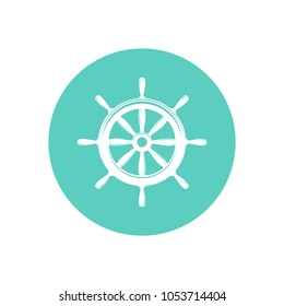 Nautical white helm in blue circle. Icon isolated on white. Ship and boat steering wheel sign. Boat wheel control icon. Rudder label. Vector flat illustration.