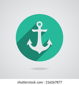 Nautical white metal flat icon anchor illustration with long shadow isolated on white background. Vector seamless retro button with anchors silhouette. Web page element EPS10
