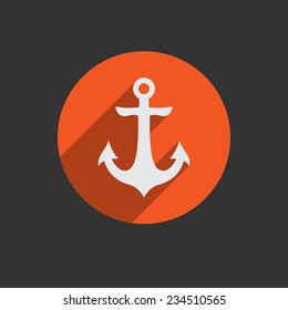 Nautical white metal flat icon anchor illustration with long shadow isolated on black background. Vector retro button with anchors silhouette. Web page element EPS10