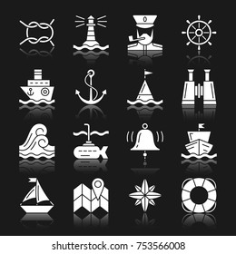 Nautical white silhouette reflection icon set. Simple vector marine, captain, navigation, see flat design symbol icons Anchor, binoculars, lighthouse, map, knot, compass sign. Web, logo, print concept