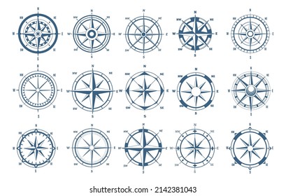 Nautical wind roses. Nautic direction rose geographic symbols, gifographic maps windroses, maritime cartography compuss directions stars, vintage sea cartographic compass arrows