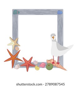 Nautical wooden frame vector illustration with a cute seagull, starfish, and sea shells. Isolated on white background. Perfect for summer vacation cards, photo frames, and decor.