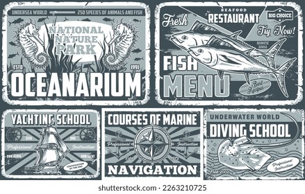 Nautical world flyers vintage monochrome set with seahorse for aquarium or fish restaurant and ship for yachting school vector illustration