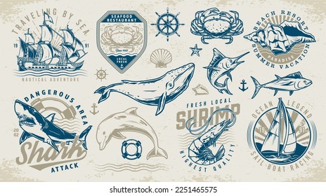 Nautical world labels set colorful with large and small fish and crustaceans or shells near ships vector illustration