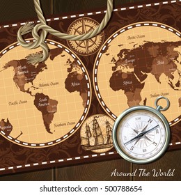 Nautical world retro map in brown colors and compass realistic vintage background vector illustration