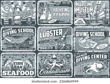 Nautical world vintage flyers monochrome set with sunken ship from maritime museum and marine animals from fish bar vector illustration