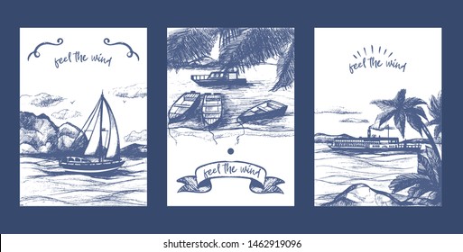 Nautical yacht, sailing boats and ship sketch vector illustration. Yacht vessel hand drawn. Sea and nautical sailing regatta banners. Marine worldwide traveling.