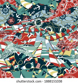 Nautical and yachting elements patchwork marine icon sign and clip art vector seamless pattern