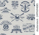 Nautical yachting sailing badge elements  vintage marine vector seamless pattern  for fabric wear shirt  tablecloth wrapping pillow