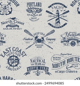 Nautical yachting sailing badge elements  vintage marine vector seamless pattern  for fabric wear shirt  tablecloth wrapping pillow