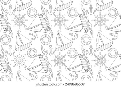 A nautical-themed coloring page pattern featuring sailboats, anchors, life buoys, and ship wheels. Perfect for kids creative activities.