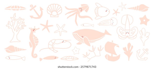 Nautical-themed illustration with marine animals, seashells, and anchors. Marine life and seashells create a nautical vibe. Nautical elements abound. Doodle illustrations, vector set.