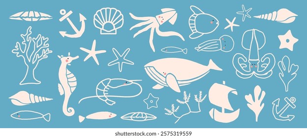 Nautical-themed illustration with marine life, featuring whales, starfish, and seashells. Marine elements like whales and starfish enhance the oceanic vibe. Doodle illustrations, vector set.